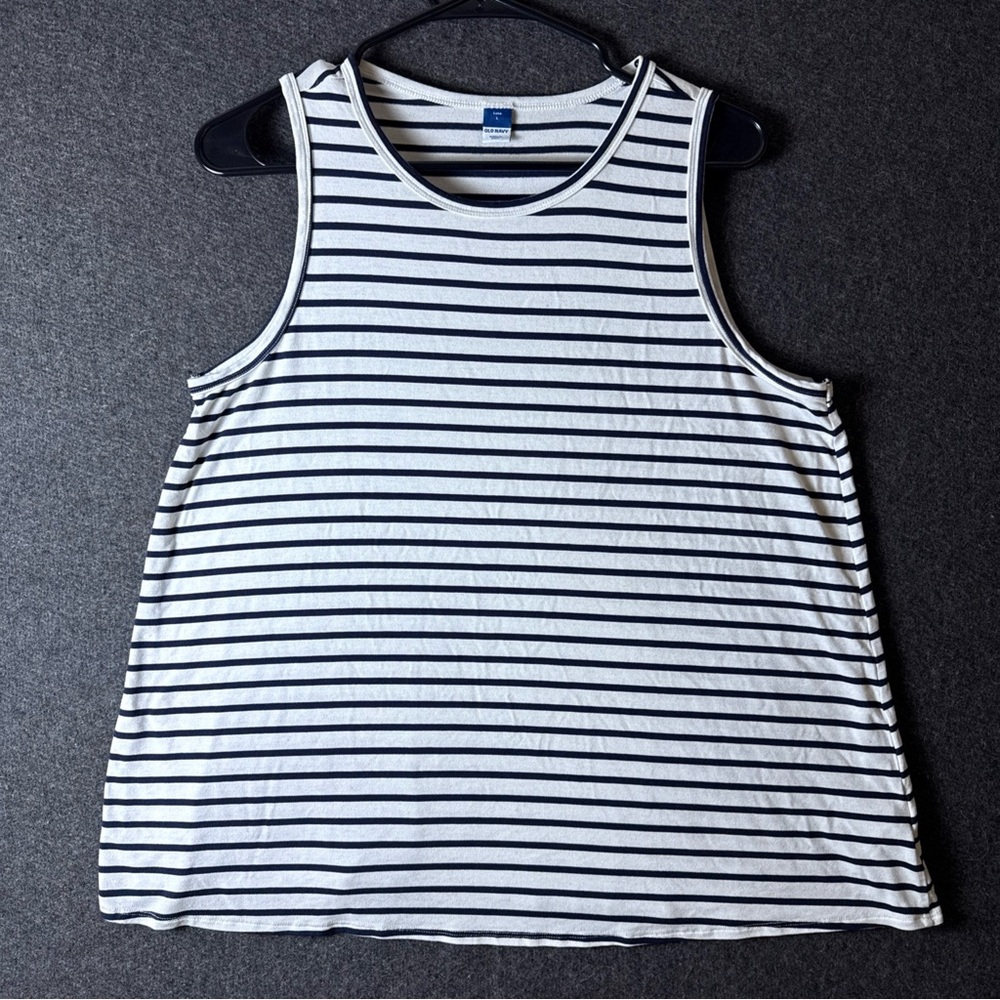 OLD NAVY WOMENS LARGE TANK TOP WHITE NAUTICAL SLEEVELESS STRETCHY LOOSE FIT